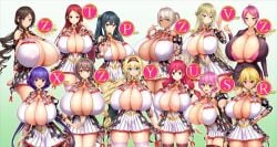 12girls 6+girls bakunyuu belly_button bra breast_size_difference breasts breasts_bigger_than_head btk cleavage cleavage_cutout cup_size dark-skinned_female dark_skin different_breast_sizes fully_clothed gigantic_breasts hi_res high_resolution highres huge_breasts looking_at_viewer microdress minidress multiple_females multiple_girls navel navel_cutout original original_characters overflowing_breasts pink_bra smile smiling_at_viewer voluptuous