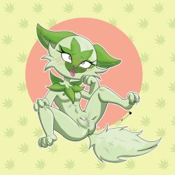 2022 ahe_gao blush female fur furry furry_only green green_body green_hair green_nipples marihuana nintendo pokémon_(species) pokemon pokemon_sv pussy pussy_ejaculation sexyfur sprigatito squirting tail