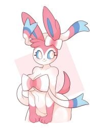 1girls anthro big_breasts big_ears blue_eyes blue_fur diders furry hands_between_legs leaning_forward paws pink_fur pokémon_(species) pokemon ribbon ribbon_clothes ribbons simple_background stomach sylveon thick_thighs white_background white_fur wide_hips