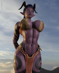 1girls 3d abs black_hair blue_hair breasts curved_horn elf_ears fantasy female female_only gray_body grey_body grey_skin horns huge_breasts io_(str4hl) markings muscular original original_character outdoors pelvic_curtain pointy_ears purple_skin slushe_(website) solo solo_female standing str4hl tiefling white_body white_skin