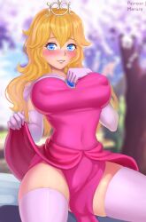 1girls 2022 alternate_breast_size big_breasts big_legs big_nipples big_thighs blonde_hair blue_eyes breasts clothing crown earrings elbow_gloves eyelashes female female_only gloves huge_breasts huge_legs huge_nipples huge_thighs legs lifting_dress lips long_hair mario_(series) merore nintendo nipples_visible_through_clothing one_eye_closed panties pink_lips princess_peach showing_off sitting solo super_mario_odyssey thick_thighs thighs tiara white_skin yellow_hair