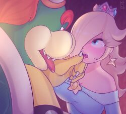 1boy 1girls big_breasts blonde_hair blue_dress blue_eyes bowser claws clothed clothing crown dominant_male dress earrings female female_on_anthro hair_over_one_eye hand_on_face hellobirde kissing long_hair long_tongue looking_at_another male maledom mario_(series) open_mouth princess_rosalina red_eyes saliva_trail scalie simple_background submissive_female teeth tongue tongue_out