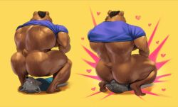 anthro ass big_butt blush bodily_fluids bottomless brown_body brown_hair canid canine canis clothed clothing comic crouching duo facesitting grey_body grey_hair guzreuef hair hi_res male male/male mammal muscular muscular_male partially_clothed shirt simple_background size_difference sweat thick_thighs topwear ursid wolf yellow_background