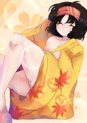 1girls closed_eyes clothing cute erika_(pokemon) erika_(pokemon_hgss) female female_only gym_leader kimono legs nintendo pokemon pokemon_hgss smile solo squiddofruit thighs