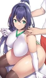 1boy 1girls 2022 ass bare_arms bare_shoulders big_ass blue_hair breasts buruma clothing elbow_gloves female gloves green_buruma green_eyes green_gym_girl_(nagase_haruhito) gym_uniform hair_between_eyes hairclip hands_on_shoulders high_ponytail highleg_buruma highres impossible_clothes large_breasts long_hair long_ponytail looking_at_another looking_back male massage nagase_haruhito original pants ponytail shadow shirt simple_background sitting skin_tight skindentation tank_top teeth thick_thighs thighhighs thighs thong tied_hair tight_clothing white_background white_gloves