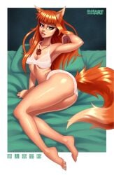 1girls armpit barefoot big_ass bra brown_hair female female_only full_body holo kemonomimi lace-trimmed_bra lace-trimmed_panties long_hair looking_at_viewer medium_breasts molly_skyfire necklace on_bed on_side orange_hair panties solo spice_and_wolf tail thick_thighs white_bra white_panties wolf_ears wolf_girl wolf_tail