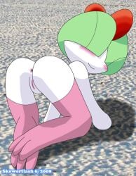 2_horns all_fours anus artist_name ass blush closed_smile clothing female female_focus genitals green_hair hair hair_over_eyes horn humanoid kneeling leggings legwear looking_at_viewer looking_back nintendo pink_leggings pokémon_(species) pokemon presenting presenting_anus presenting_hindquarters presenting_pussy pussy ralts skewerflash solo thigh_highs video_games white_body young