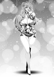 1girls belly_piercing bodycon cleavage earrings fellatio_gesture female fire_emblem fire_emblem_heroes full_body gunnthra_(fire_emblem) high_heels huge_breasts long_gloves long_hair monochrome naughty_face nintendo panties pantyshot pantyshot_(standing) skindentation slutty_outfit solo tanizakura_shidare tongue_out upskirt wide_hips