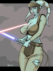 1girls aayla_secura blue_lightsaber blue_skin breasts curvaceous curvy female female_only lightsaber open_mouth red_lightsaber solo star_wars twi'lek voluptuous