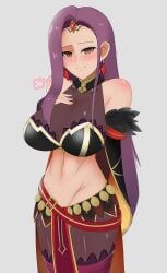 1girls alternate_costume bare_midriff breasts brown_eyes cleavage earrings female female_only fire_emblem fire_emblem_echoes:_shadows_of_valentia fire_emblem_heroes grey_background hand_on_breast large_breasts long_hair looking_at_viewer midriff nintendo official_alternate_costume pantyhose pibu purple_hair smile solo sonya_(fire_emblem) sonya_(resplendent)_(fire_emblem) thick_thighs thighhighs thighs very_long_hair