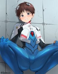 1boy 2022 blush bulge_through_clothing clothing cock_bulge g1_(artist) hands_on_knees legs_spread looking_at_viewer low-angle_view neon_genesis_evangelion plugsuit shinji_ikari solo squatting suggestive_pose tiptoes