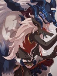 berthe_(elsword) black_body blue_eyes canid canine canis claws demon duo ear_piercing ear_ring elsword fangs feral frottage genitals hadron_(elsword) hair hi_res male male/male mammal muscular penis piercing sex shixiexiaomo size_difference white_hair wolf yellow_eyes