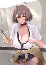 absurdres aya_roushi azur_lane baltimore_(after-school_ace)_(azur_lane) baltimore_(azur_lane) bangs beige_sweater black_choker black_necktie black_skirt blush braid breasts brown_hair bubble_tea choker cleavage clothes_around_waist collarbone collared_shirt female highres large_breasts looking_at_viewer loose_necktie necktie official_alternate_costume partially_unbuttoned shirt short_hair short_sleeves skirt smile solo sweater sweater_around_waist thighs tied_sweater white_shirt yellow_eyes