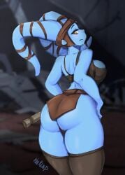 1girls 2d aayla_secura alien alien_girl alien_humanoid ass background big_ass big_breasts blue_body blurry blurry_background blush breasts brown_clothing clothed clothed_female clothing embarrassed eyelashes eyes female female_focus female_only humanoid krakenparty lightsaber lightsaber_hilt loincloth looking_at_viewer looking_back looking_back_at_viewer melee_weapon open_eyes rear_view sad science_fiction signature solo standing star_wars stockings sword tentacle tentacle_hair thighhighs thighs twi'lek voluptuous weapon wide_hips yellow_eyes