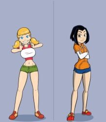 bare_legs bare_midriff big_breasts black_hair blonde_hair crossover female female_only flat_chest garabatoz hourglass_figure inspector_gadget jackie_chan_adventures jade_chan large_breasts midriff navel penny_gadget raised_eyebrows short_shorts shorts small_breasts smile smiling smooth_skin tagme tight_clothing tight_shirt tight_shorts