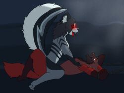 anthro big_tail canid canine canis chains dev0nthe3055 dominant dominant_female duo female fox glowing glowing_eyes hannah_(dev0nthe3055) hi_res larger_female long_fangs looking_pleasured male male/female mammal medium_hair night riding size_difference stripes submissive submissive_male tongue tongue_out vampire wolf