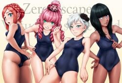 4girls alice_(zero_escape) black_hair blue_eyes blush clover_(zero_escape) dark-skinned_female dark_skin female_only green_eyes luna_(zero_escape) multiple_girls nocchi orange_hair phi_(zero_escape) pink_hair red_eyes swimsuit take_your_pick text_background virtue's_last_reward white_hair zero_escape