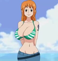 1girls 2d alternate_version_available animated areola bikini bikini_lift bikini_top bouncing_breasts breast_focus cleavage female female_only huge_breasts human jeans large_breasts long_hair looking_at_viewer nami navel nipples no_sound one_piece orange_hair presenting_breasts shounen_jump showing_off smarthoney smiling solo solo_female solo_focus standing teasing thick_thighs undressing video wide_hips