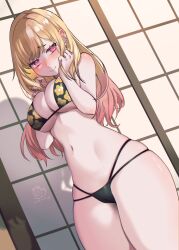 bikini blonde_hair blush ear_piercing earrings hands_on_head kitagawa_marin pink_eyes sono_bisque_doll_wa_koi_wo_suru stephringo tagme thick_thighs