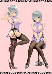 ass bare_shoulders black_legwear black_panties blue_eyes breasts chinese_clothes closed_mouth covered_nipples dress female from_side full_body garter_belt gloves hair_ornament hair_over_one_eye hairclip hamakaze_(kantai_collection) hands_up highres kantai_collection large_breasts light_frown looking_at_viewer multiple_views no_bra panties panties_around_one_leg pink_background purple_dress rudder_footwear see-through shiny shiny_hair short_hair silver_hair simple_background sitting slq standing standing_on_one_leg stool thighhighs twisted_torso underwear wa_(genryusui) white_gloves