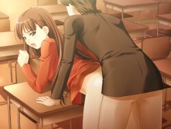 1boy ass black_jacket bottomless brown_eyes brown_hair classroom eyebrows_visible_through_hair female game_cg jacket kaiho_izumi long_hair long_sleeves ojiri_shin'ya open_mouth red_jacket sex sex_from_behind shiny shiny_hair short_hair standing standing_sex straight straight_hair teacher teacher_and_student toshiue_lesson very_long_hair