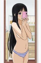 1girls 2:3 black_eyes black_hair black_hair_female blue_and_white_striped_panties blue_eyes blush breasts cellphone covering_breasts furniture k-on! long_black_hair long_hair long_hair_female mio_akiyama_(k-on!) mirror mirror_selfie panties phone questionable selfie shimapan striped_panties topless underwear waist_length_hair