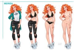 1girls aqua_eyes belt black_bra black_panties blush bra brave breasts casual celt celtic curly_hair disney disney_princess female fit_female footwear hand_on_hip hourglass_figure human large_breasts merida minko multiple_views naked_footwear naked_shoes naked_sneakers nude open_jacket orange_hair pale-skinned_female pale_skin panties pants pixar pubic_hair pussy redhead royalty scottish shirt shoes simple_background sneakers sportswear straight_hair teen teenage_girl teenager tennis_shoes torn_pants underwear white_background white_woman