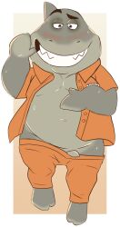 2022 anthro belly big_belly blush bottomwear clothed clothing dakimakura_design dreamworks fish genitals grey_body hi_res male male_only marine mr._shark_(the_bad_guys) open_clothing open_shirt open_topwear overweight overweight_male pants penis shark shirt simple_background solo tbid the_bad_guys topwear