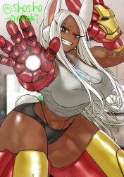 1girls alternate_costume black_lingerie breasts bunny_ears bunny_girl cosplay crossover_cosplay dark_skin iron_man iron_man_(cosplay) large_breasts lingerie long_hair looking_at_viewer marvel marvel_comics microshorts minishorts miruko my_hero_academia red_eyes rumi_usagiyama shosho_oekaki thick_thighs thighs thong underwear white_hair