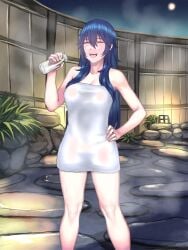 1girls absurdres bangs bare_shoulders blue_hair bottle breasts cleavage closed_eyes covering drinking_milk female female_focus fire_emblem fire_emblem_awakening full_moon hand_on_hip highres holding holding_bottle hotsprings laughing long_hair lucina_(fire_emblem) medium_breasts medium_hair milk moon naked_towel night night_sky nintendo nude_cover onsen open_mouth pocari66 princess rock royalty see-through_clothing sky smile solo steam stone_floor teeth towel water_spring wet wet_towel