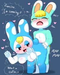 <3 0227 4:5 absurd_res against_surface against_wall animal_crossing anthro blonde_hair blue_background blue_body blue_fur blush bodily_fluids breasts closed_eyes cum cum_from_pussy cum_in_pussy cum_inside cum_splatter dialogue duo english_text female female_penetrated femboy femboy_on_female francine_(animal_crossing) from_behind_position fur furry furry_only genital_fluids green_body green_fur hair hand_on_butt hanging_breasts heart hi_res invisible_wall lagomorph leporid looking_back male male/female male_penetrating male_penetrating_female mammal naked nintendo nude open_mouth penetration rabbit sasha_(animal_crossing) sex simple_background tail text thrusting vaginal_penetration video_games white_body white_fur