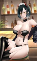 1girls 2022 absurdres alcohol artist_name azur_lane bar bar_stool bare_shoulders bikini black_bikini black_hair black_jacket black_legwear blurry blurry_background bottle breasts closed_mouth collar collarbone commentary crossed_legs detached_collar ear_piercing earrings female female_focus female_only hair_ornament highres horns iron_blood_(azur_lane) jacket jewelry large_breasts larger_bmx light-skinned_female light_skin looking_at_viewer maid_bikini navel off_shoulder official_alternate_costume piercing red_nails shelf short_hair sitting skindentation solo stool swimsuit thighhighs thighs torn_clothes torn_legwear ulrich_von_hutten_(azur_lane) ulrich_von_hutten_(mayhem_maid)_(azur_lane) x_hair_ornament yellow_eyes