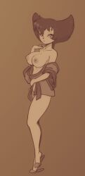 absurd_res anthro bedroom_eyes big_breasts breasts brown_theme canid clothed clothing disney female goof_troop hi_res looking_at_viewer mammal monochrome narrowed_eyes nipples off_shoulder peg_pete robe scorpdk seductive slippers solo