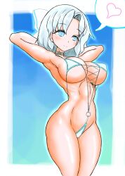 armpits arms_above_head arms_behind_head bikini blue_eyes blush breasts choker hair_ornament hairbow large_breasts micro_bikini outdoors ruradish01 senran_kagura short_hair silver_hair smile swimsuit thick_thighs thighs yumi_(senran_kagura)