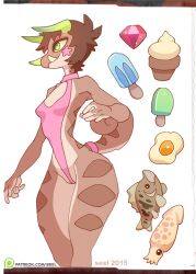 2015 5_fingers animation_meme_community anthro breasts brown_body brown_hair candy chameleon chimereon clair_(seel_kaiser) clothing dessert egg female fingers fish food gem genitals green_eyes hair horn ice_cream jackson's_chameleon lizard lollipop marine non-mammal_breasts one-piece_swimsuit pussy reptile scalie seel_kaiser signature simple_background smile solo standing swimwear tusks white_background