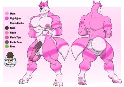 1ceberg absurd_res animal_genitalia animal_penis anthro ass balls big_balls big_butt big_pecs big_penis canid canine equine_penis erection fox front_view genitals gesture hand_heart hi_res male mammal model_sheet muscular muscular_male nipples pecs penis pink_body pose rear_view solo solo_male standing