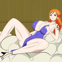 1girls big_breasts breasts brown_eyes female female_only high_heels long_hair marshalperv nami one_piece orange_hair purple_dress shoulder_tattoo tattoo