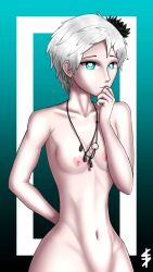 1girls areolae blue_background blue_eyes collarbone flower_in_hair gradient_background hair_flower heart-shaped_pupils kodyparbs necklace nude nude_female phi_(zero_escape) short_hair solo solo_female virtue's_last_reward white_hair zero_escape