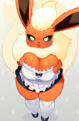 1girls anthro big_breasts black_sclera breasts eeveelution eye_contact female_focus female_only flareon furry game_freak green_eyes huge_breasts looking_at_viewer maid maid_headdress maid_uniform nintendo okiai_umi orange_body pok&eacute;mon_(species) pokemon pokemon_rgby shortstack solo standing thick_thighs wide_hips