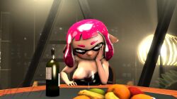 3d evening exposed_breasts fruit gray_eyes hand_on_cheek inkling inkling_girl nipples pink_hair revealing_breasts seductive_look seductive_smile sfm solo_female source_filmmaker splatoon splatoon_2 table wine wine_bottle wing_fury