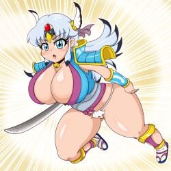 1girls 2016 ass big_ass big_butt blue_eyes butt curvy curvy_body curvy_milf female_warrior gettenka_wars gray_hair huge_breasts ikayama_gesokichi kunoichi long_hair madelyn_tsuru_(gettenka) milf panties princess_tsuru_(gettenka) sword thick_thighs