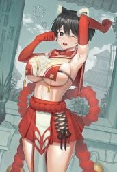 absurdres animal_ears armpits black_eyes black_hair blue_archive breasts elbow_gloves female gloves goback highres japanese_clothes large_breasts looking_at_viewer navel one_eye_closed open_mouth red_gloves red_sailor_collar red_skirt rope sailor_collar shimenawa short_hair skirt sleepy solo standing tears thighs tsubaki_(blue_archive) very_short_hair