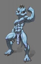 2022 3_toes balls blue_body brown_eyes digital_media_(artwork) feet flexing genitals hi_res humanoid impiousred machop male muscular muscular_humanoid muscular_male nintendo nipples nude penis pokémon_(species) pokemon pose pubes shadow simple_background smile solo toes vein veiny_penis video_games