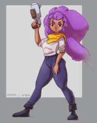 1girls brawl_stars cactigang clothed clothed_female clothing female female_only gun long_hair purple_hair shelly_(brawl_stars) solo solo_female standing sticking_plaster thick_thighs