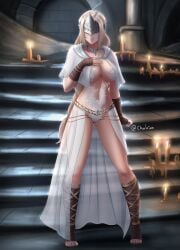 absurdres blindfold blonde_hair breasts candle charleian cloak closed_mouth covered_eyes dark_souls dark_souls_3 feet female fire_keeper fromsoftware full_body highres jewelry large_breasts lips long_hair looking_at_viewer mask panties revealing_clothes sleeves smile smiling solo underwear white_sleeves