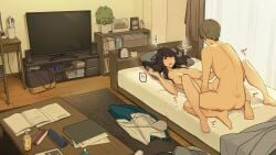 1boy bed black_hair book bottle breasts brown_hair censored completely_nude curtains earrings female highres indoors jewelry large_breasts long_hair lying missionary mosaic_censoring nipples nude on_back original pillow plant sex short_hair straight table television wakamatsu372 window