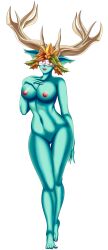 bandage big_ass big_breasts big_ears green_skin incognita leaves monster_legends pink_nipples pussy red_lips solo_female turtwig_h