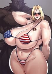 1girls american_flag_bikini areolae areolae_slip bikini blonde_hair blush breasts cameltoe curvy_female dark-skinned_male dark_skin forehead_jewel huge_breasts interracial kisuu lipstick muscular muscular_female muscular_male naruto navel queen_of_spades raikage skimpy sunglasses tattoo thick_thighs tinted_eyewear tsunade venus_body wide_hips