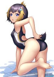 ass back_view black_hair blue_eyes cute floof hairclip nijisanji nijisanji_en nitrus14 penguin penguin_girl petra_gurin poolside swimsuit tail virtual_youtuber