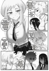 1boy 3girls big_breasts blazer blush comic condom dark_hair dark_sclera dialogue faceless_male gesture holding_condom horny imminent_sex inviting_to_sex izuku_midoriya large_breasts long_hair lord_lince mina_ashido monochrome my_hero_academia ochako_uraraka open_mouth school_uniform sex_gesture short_hair skirt smiling spanish_text text tie translated tsuyu_asui u.a._school_uniform white_shirt yelling